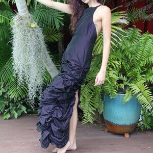 One of A Kind Long Halter Backless Dress with hand PuBed and Shirred Bottom & be